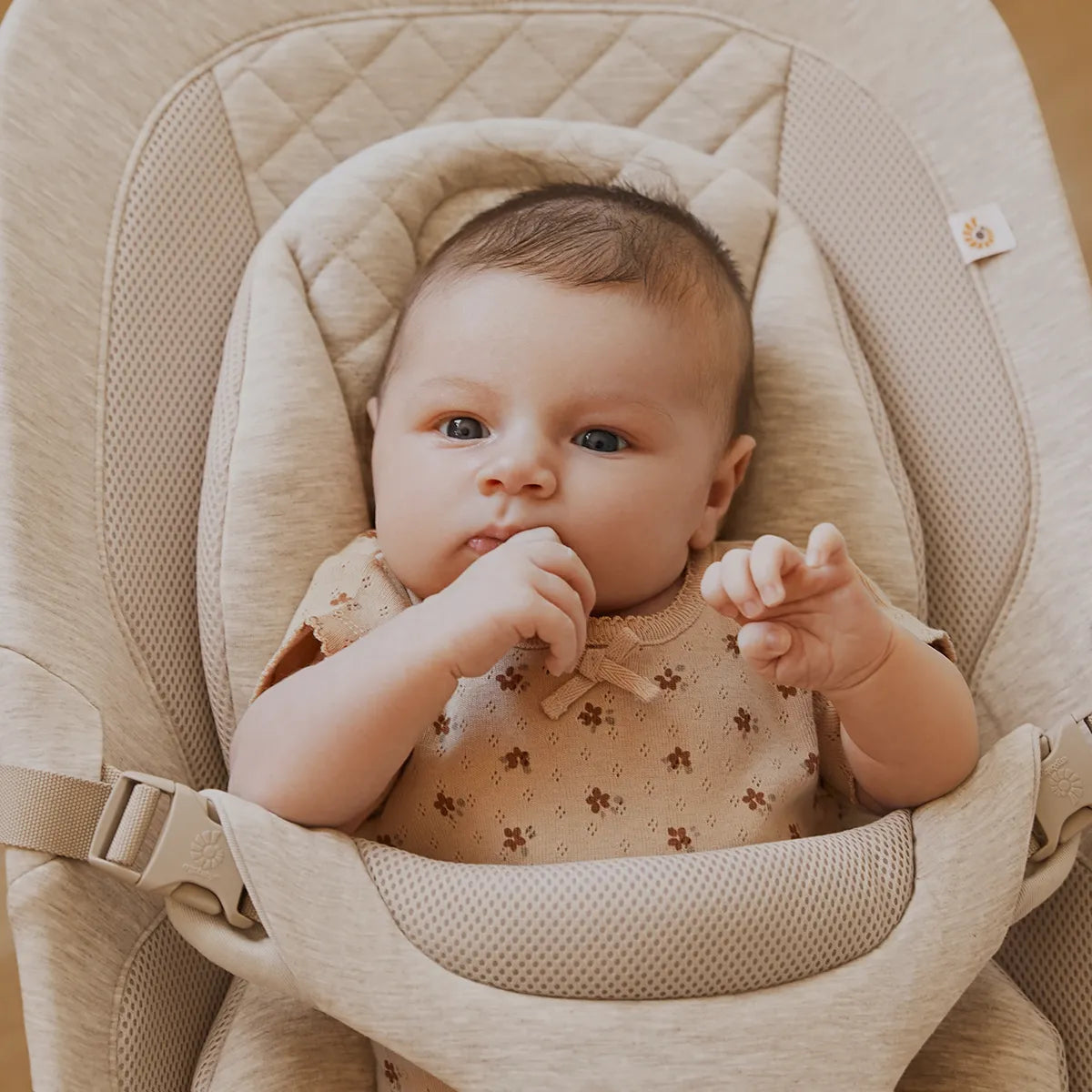 Baby in her ergobaby lightgray Evolve 3-in-1 Bouncer baby seat