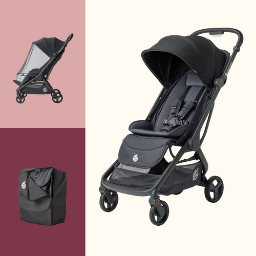 Metro 3 Compact Black stroller with canopy and bassinet on a white background