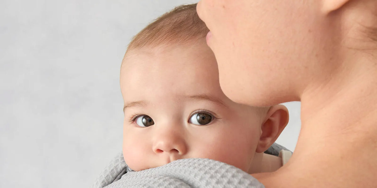 Baby being held by a person against a light gray background