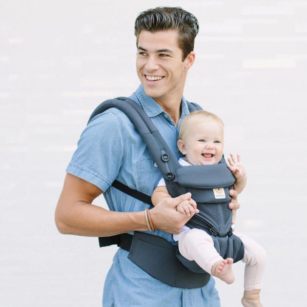 Dad wearing baby outward-facing in Charcoal Grey Omni 360 Cool Air Mesh Baby Carrier